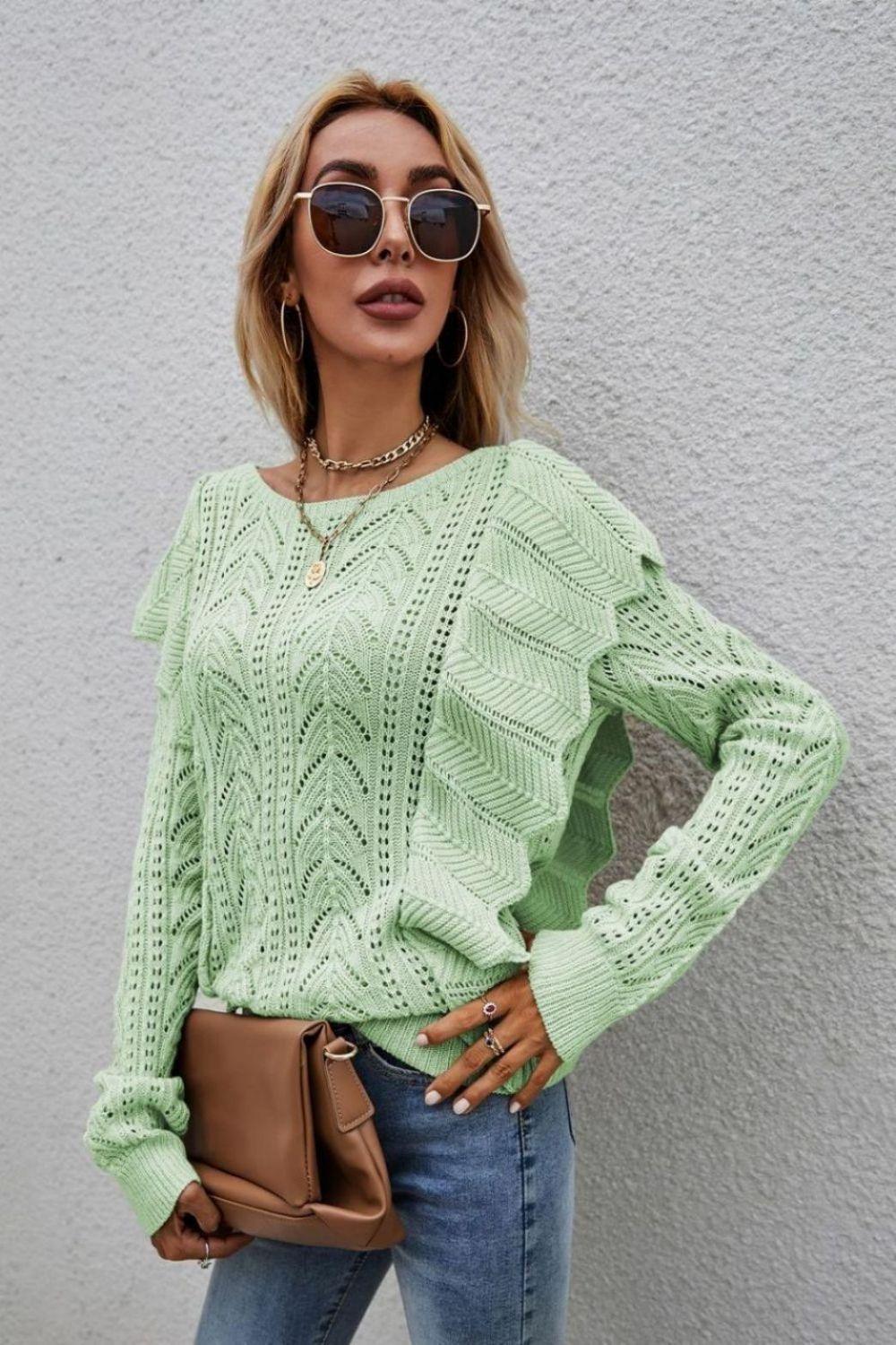 Impressive Openwork Crew Neck Ruffled Sweater - MXSTUDIO.COM