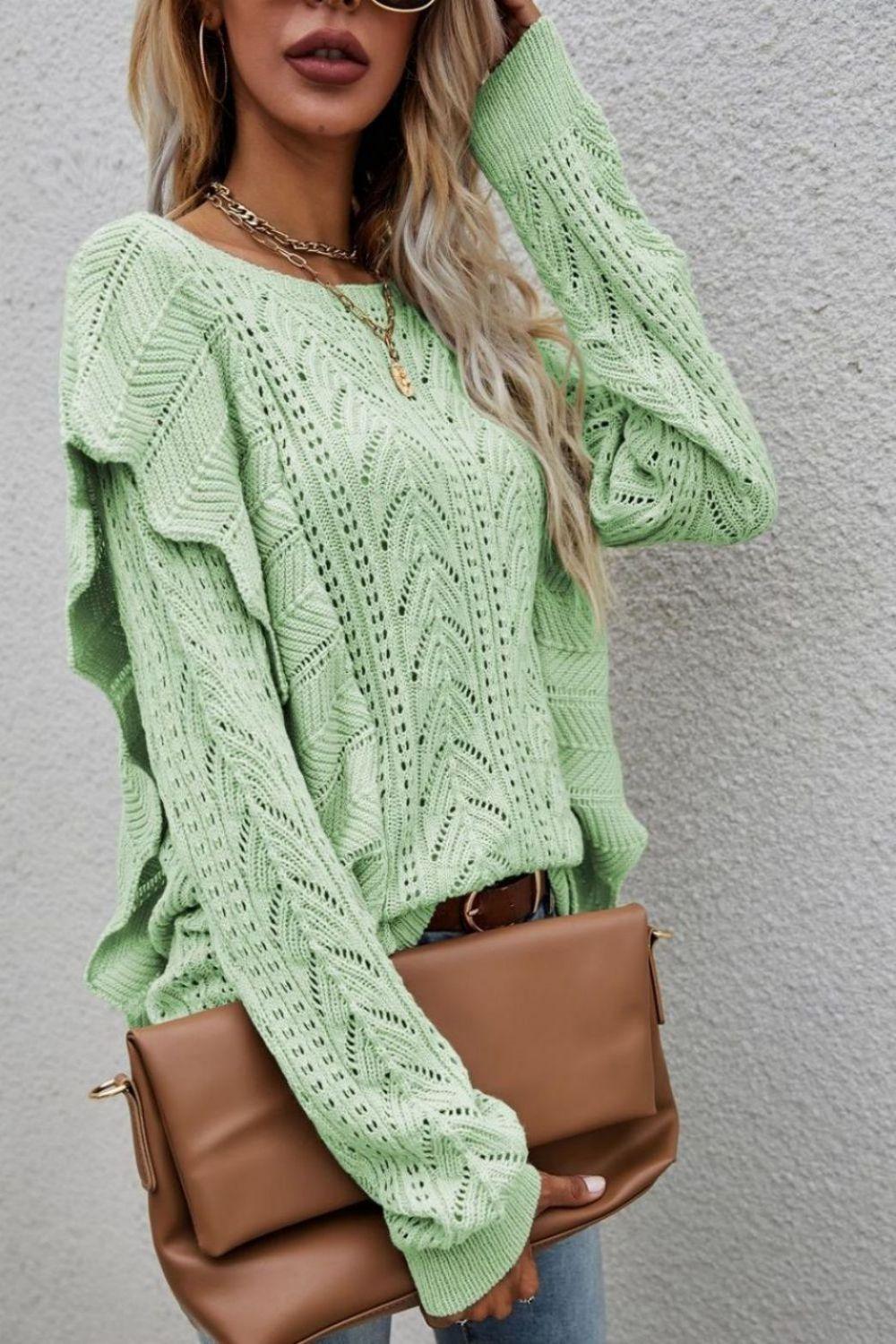 Impressive Openwork Crew Neck Ruffled Sweater - MXSTUDIO.COM