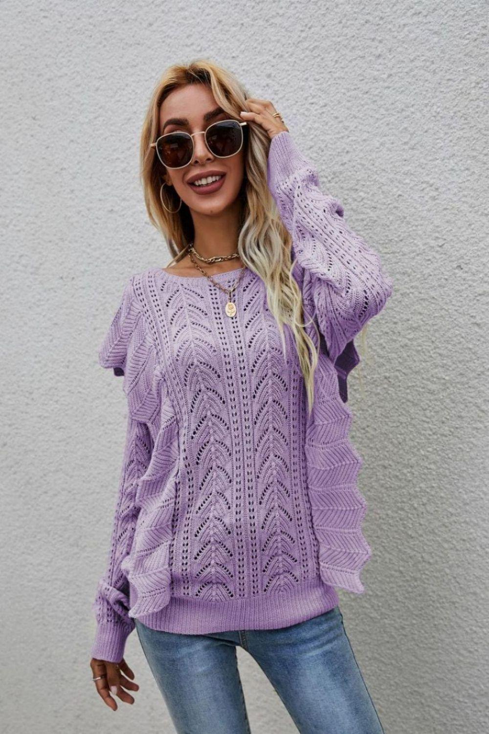 Impressive Openwork Crew Neck Ruffled Sweater - MXSTUDIO.COM