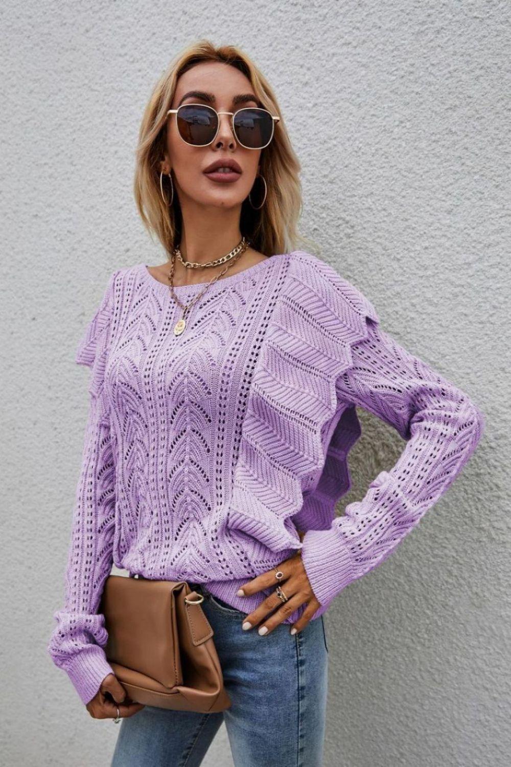 Impressive Openwork Crew Neck Ruffled Sweater - MXSTUDIO.COM