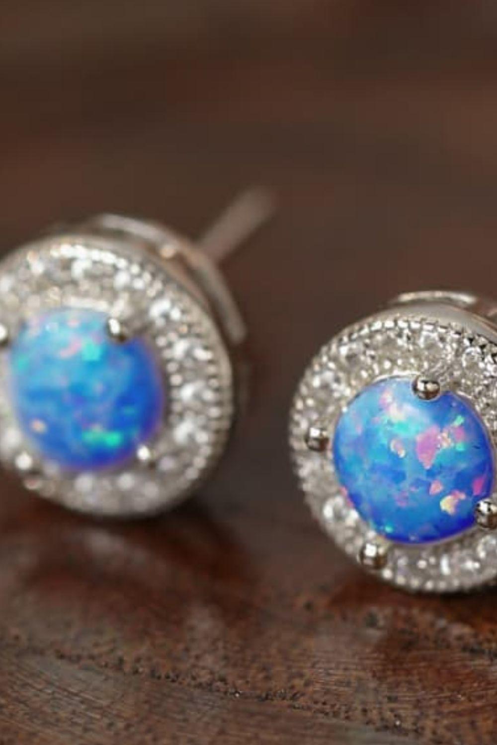 Impressive Platinum Plated Round Opal Stud Earrings - MXSTUDIO.COM