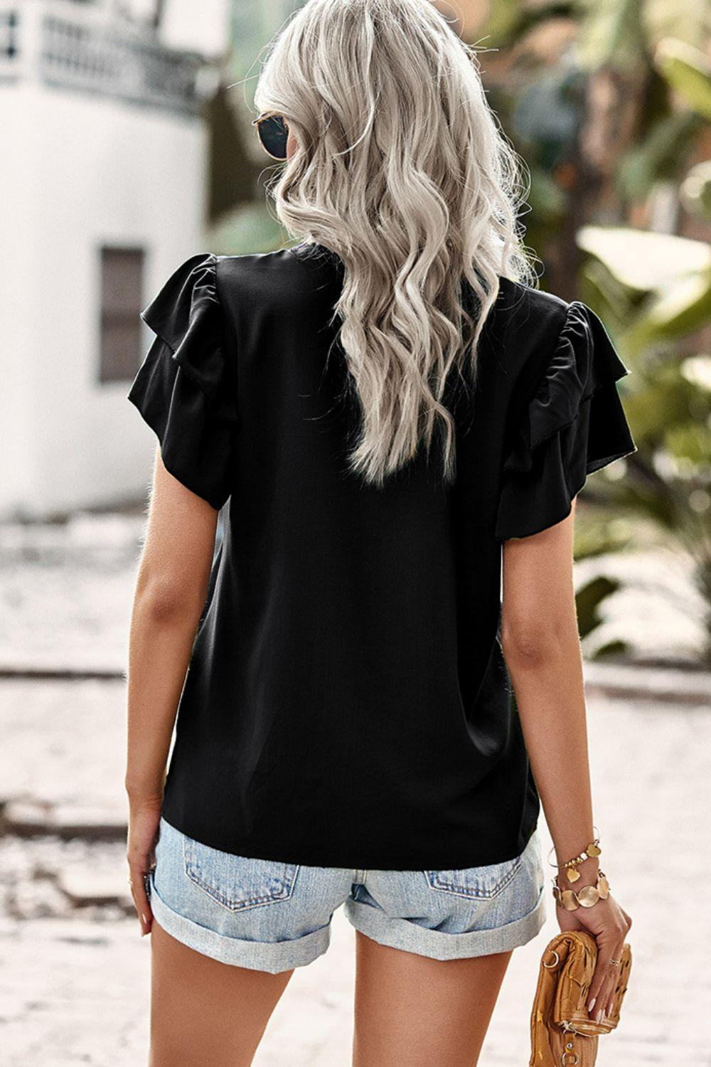 Impressive Short Flutter Sleeve V Neck Blouse - MXSTUDIO.COM