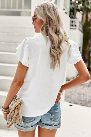 Impressive Short Flutter Sleeve V Neck Blouse - MXSTUDIO.COM