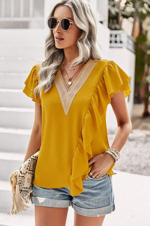 Impressive Short Flutter Sleeve V Neck Blouse - MXSTUDIO.COM