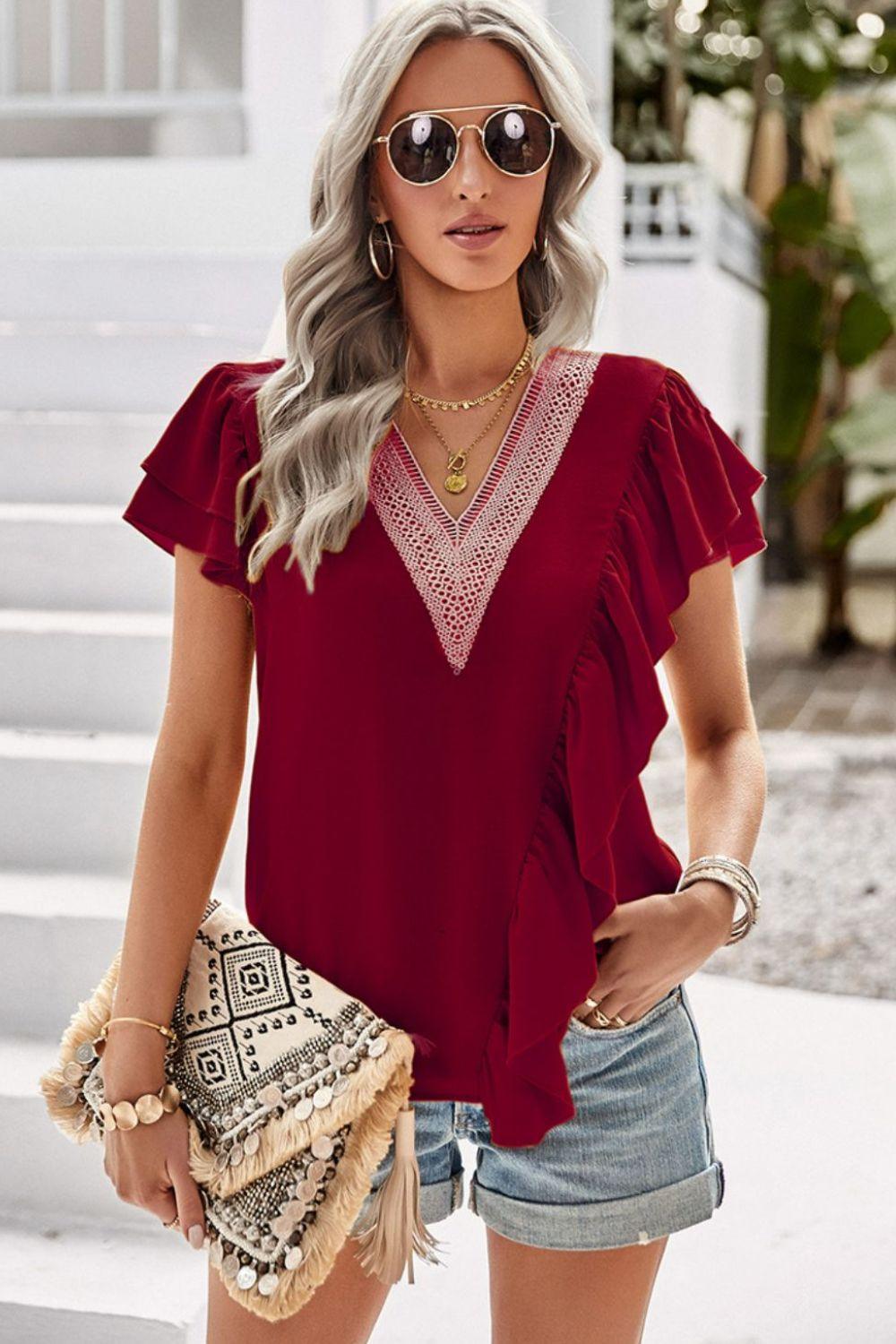 Impressive Short Flutter Sleeve V Neck Blouse - MXSTUDIO.COM