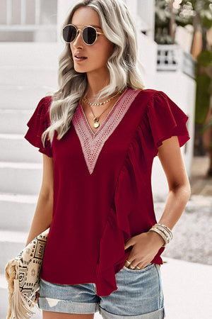 Impressive Short Flutter Sleeve V Neck Blouse - MXSTUDIO.COM