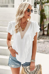 Impressive Short Flutter Sleeve V Neck Blouse - MXSTUDIO.COM