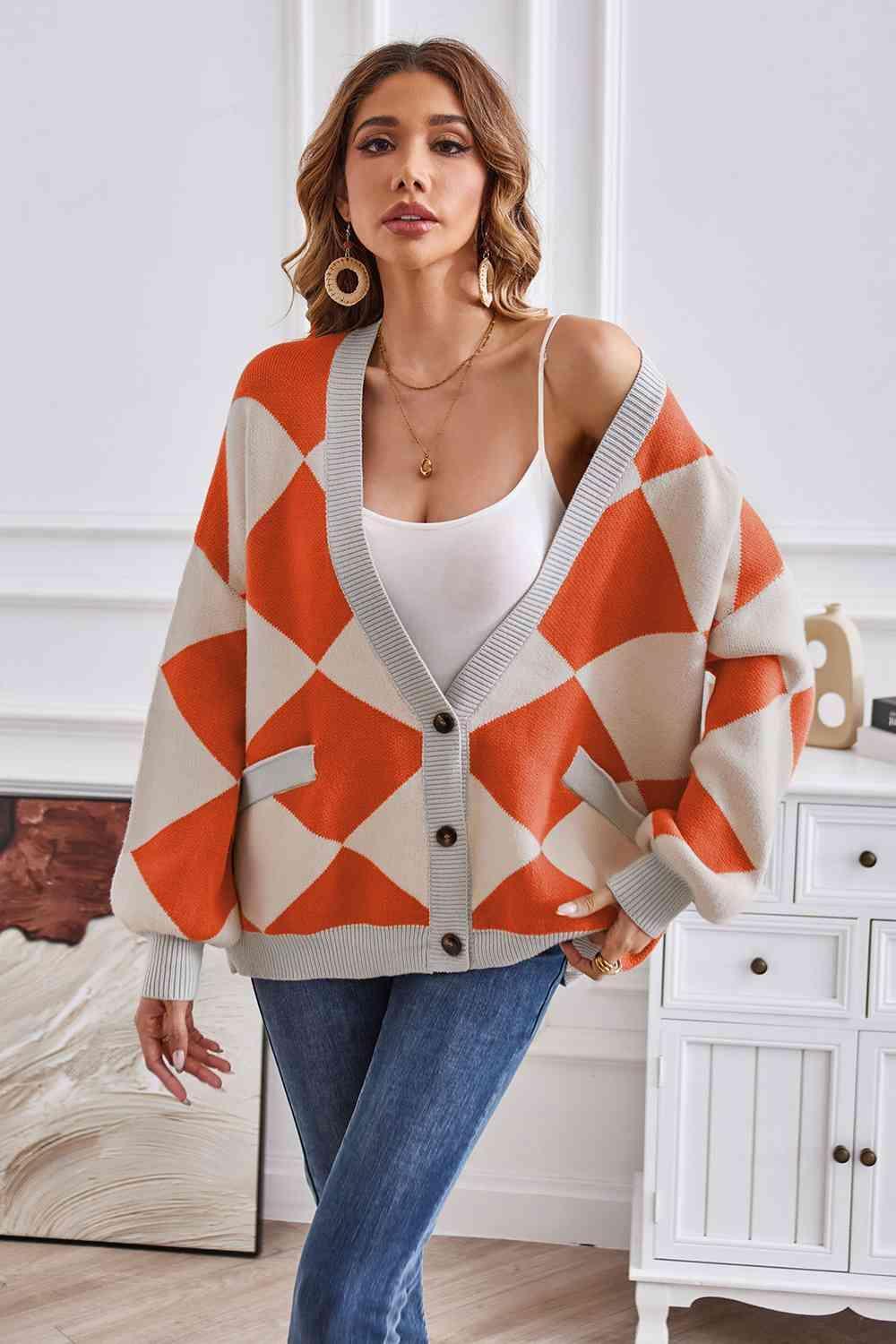 Impressively Warm Lantern Sleeve Geometric Cardigan - MXSTUDIO.COM