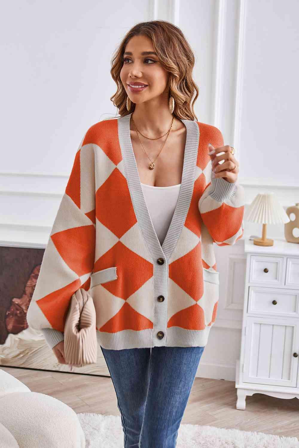 Impressively Warm Lantern Sleeve Geometric Cardigan - MXSTUDIO.COM