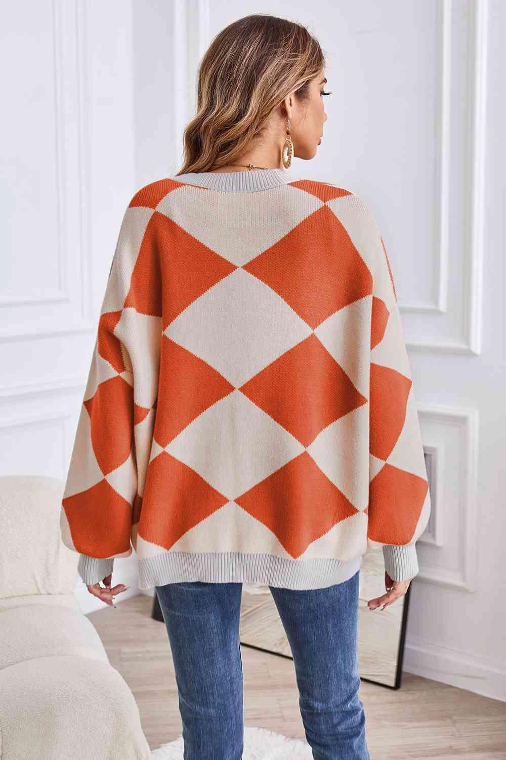 Impressively Warm Lantern Sleeve Geometric Cardigan - MXSTUDIO.COM