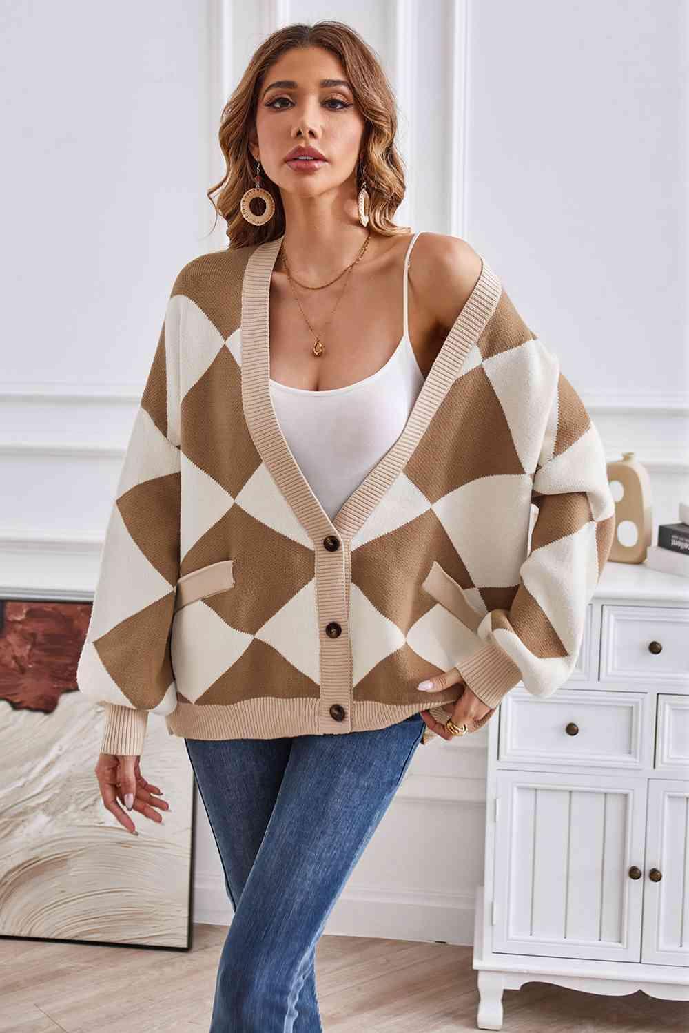 Impressively Warm Lantern Sleeve Geometric Cardigan - MXSTUDIO.COM