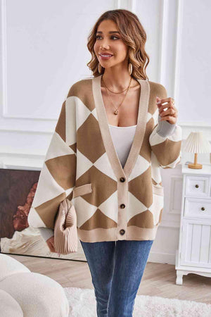 Impressively Warm Lantern Sleeve Geometric Cardigan - MXSTUDIO.COM