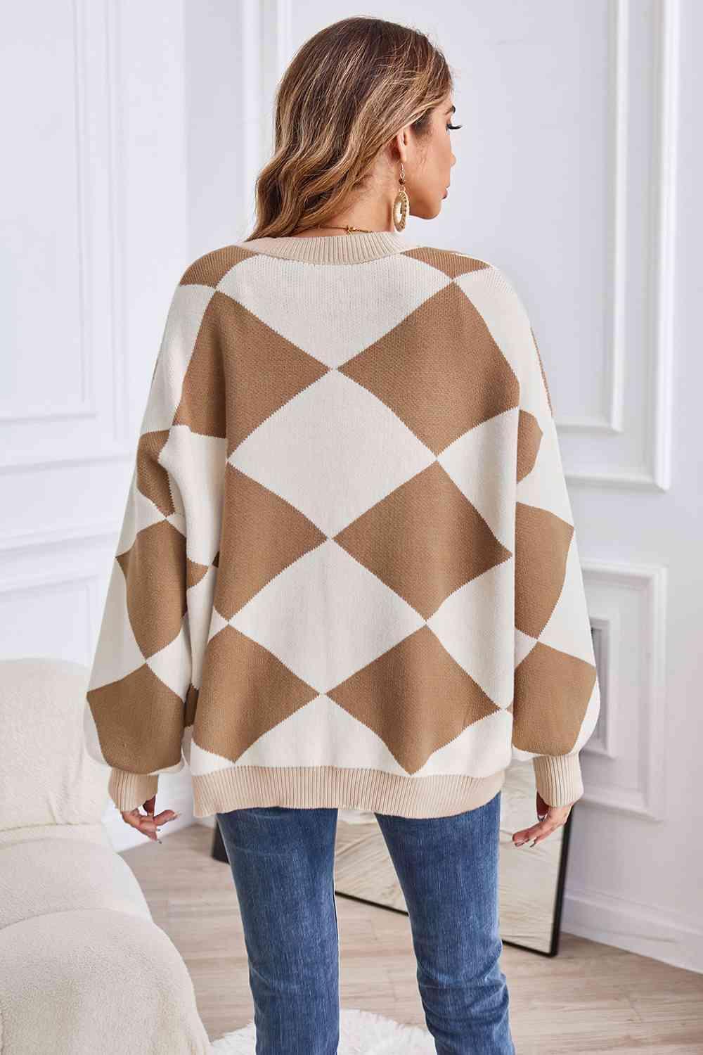 Impressively Warm Lantern Sleeve Geometric Cardigan - MXSTUDIO.COM