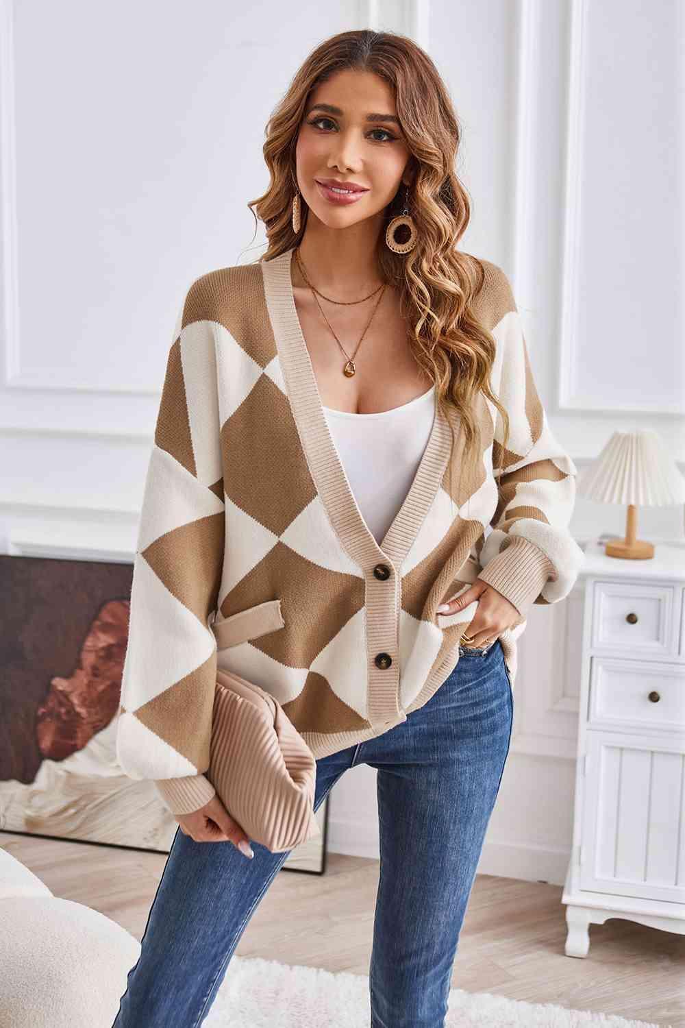 Impressively Warm Lantern Sleeve Geometric Cardigan - MXSTUDIO.COM