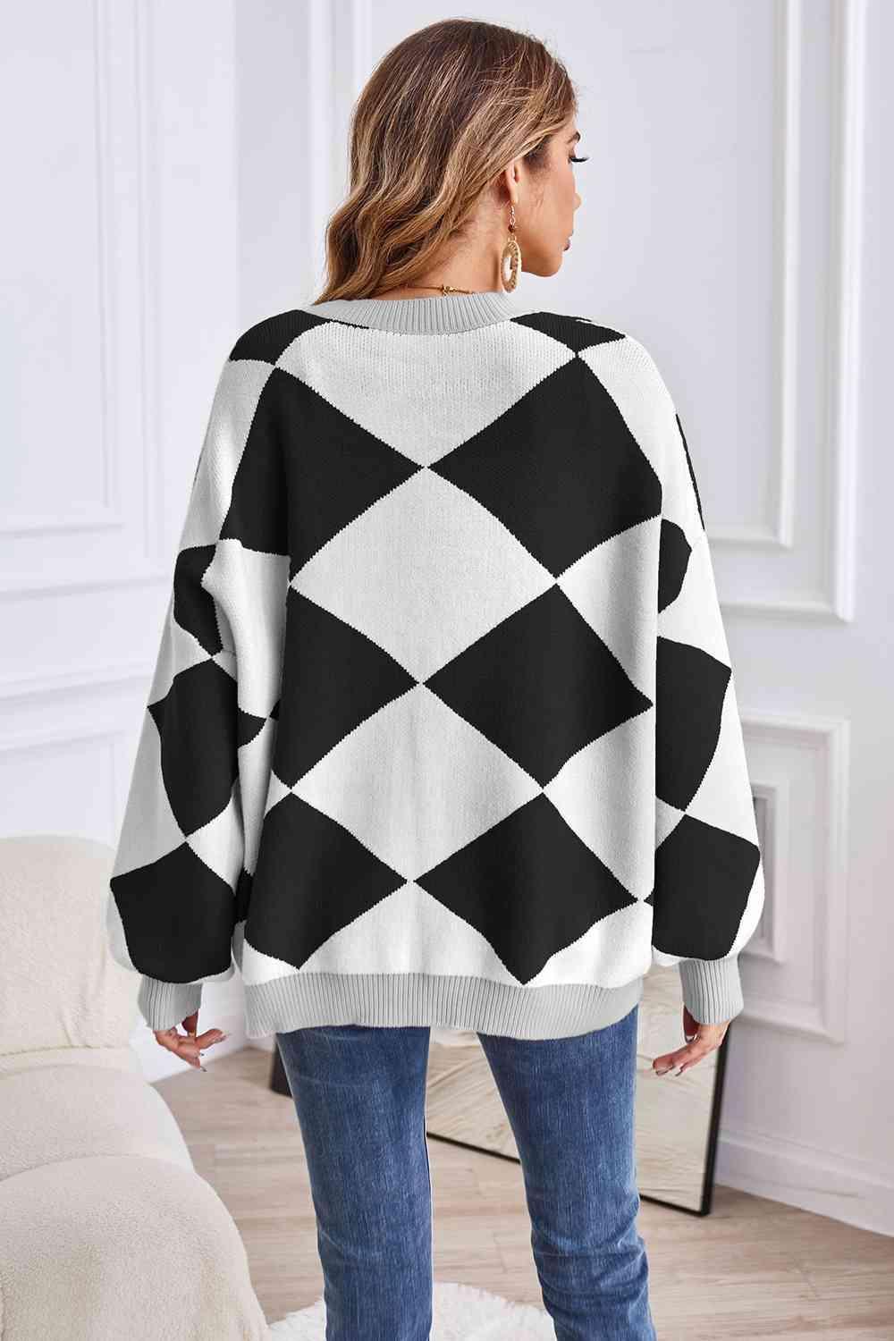 Impressively Warm Lantern Sleeve Geometric Cardigan - MXSTUDIO.COM