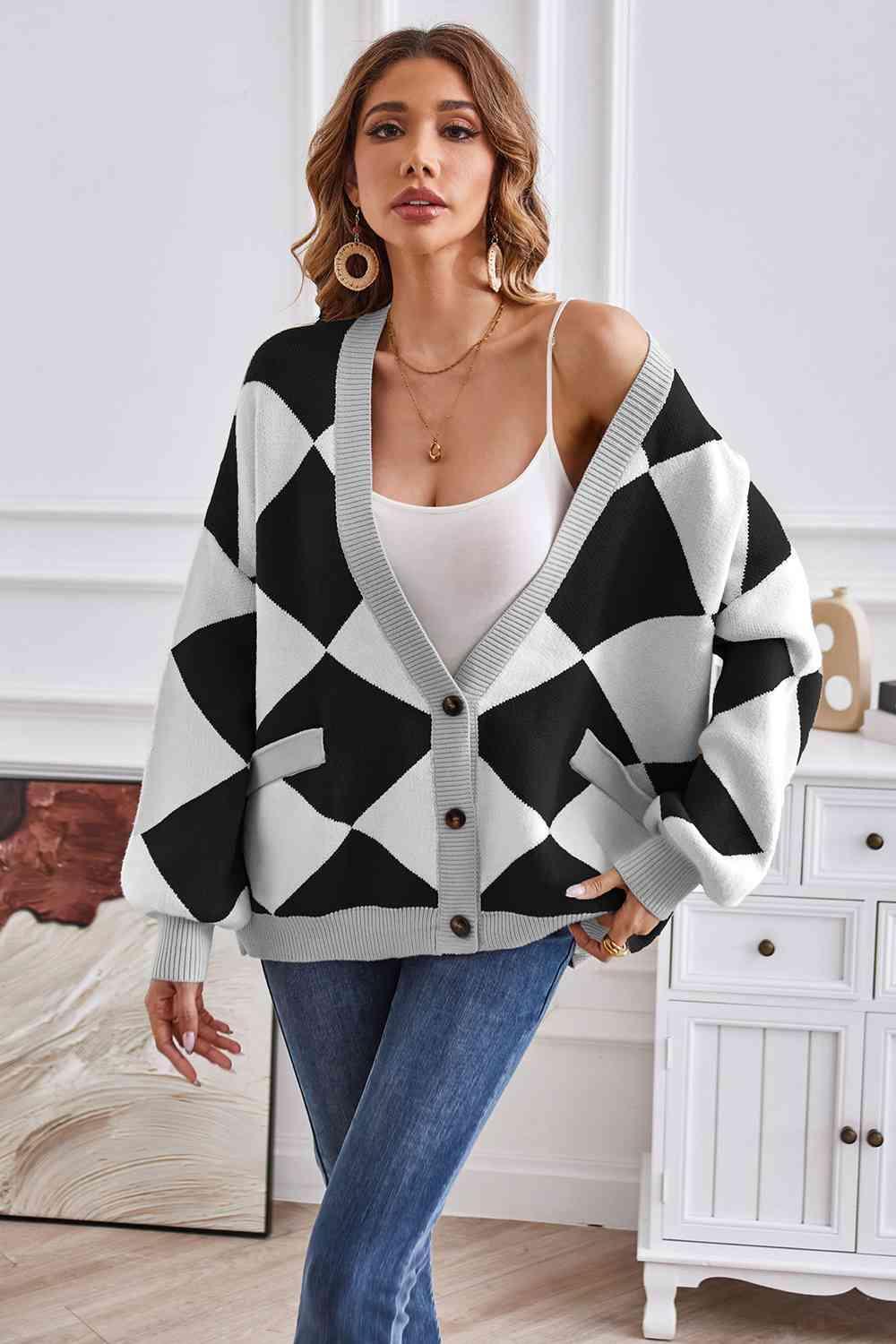 Impressively Warm Lantern Sleeve Geometric Cardigan - MXSTUDIO.COM