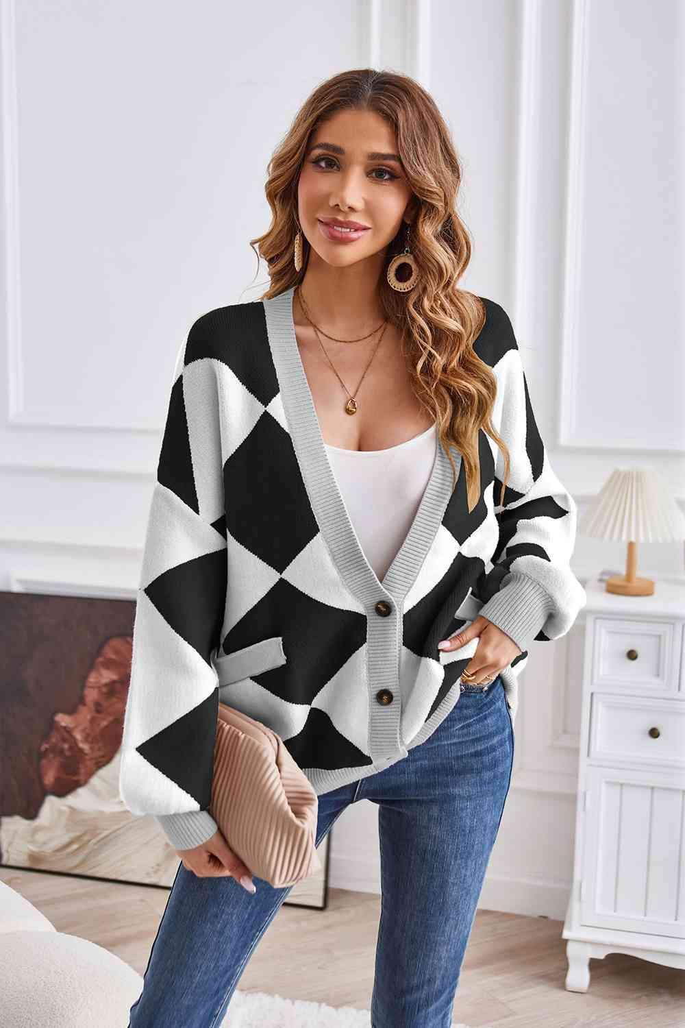 Impressively Warm Lantern Sleeve Geometric Cardigan - MXSTUDIO.COM