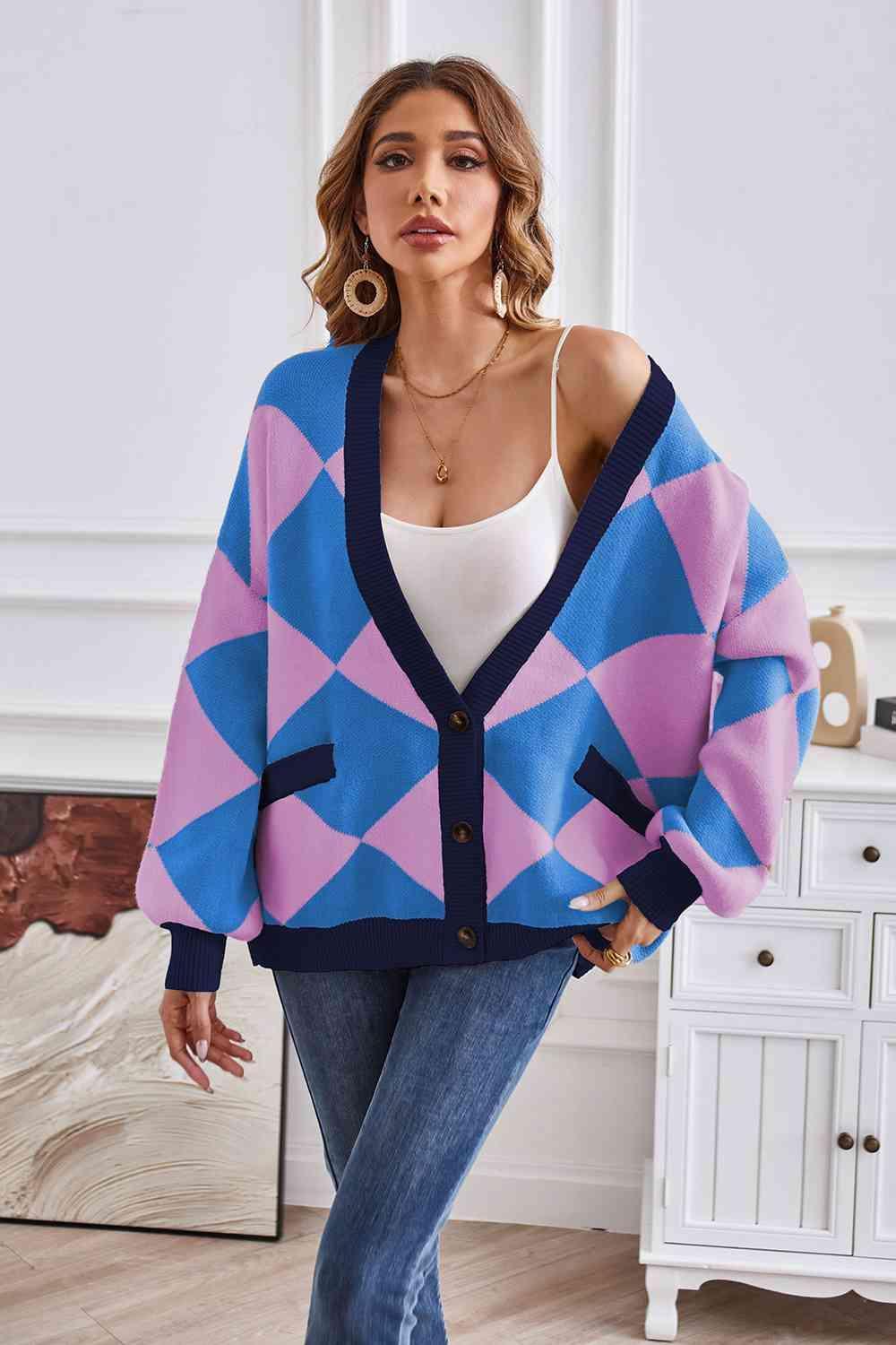 Impressively Warm Lantern Sleeve Geometric Cardigan - MXSTUDIO.COM