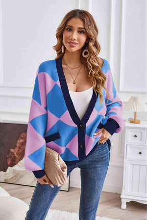 Impressively Warm Lantern Sleeve Geometric Cardigan - MXSTUDIO.COM