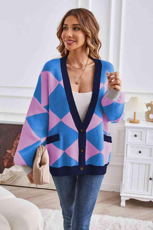 Impressively Warm Lantern Sleeve Geometric Cardigan - MXSTUDIO.COM