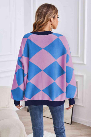 Impressively Warm Lantern Sleeve Geometric Cardigan - MXSTUDIO.COM