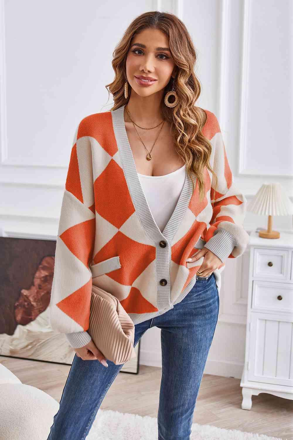 Impressively Warm Lantern Sleeve Geometric Cardigan - MXSTUDIO.COM