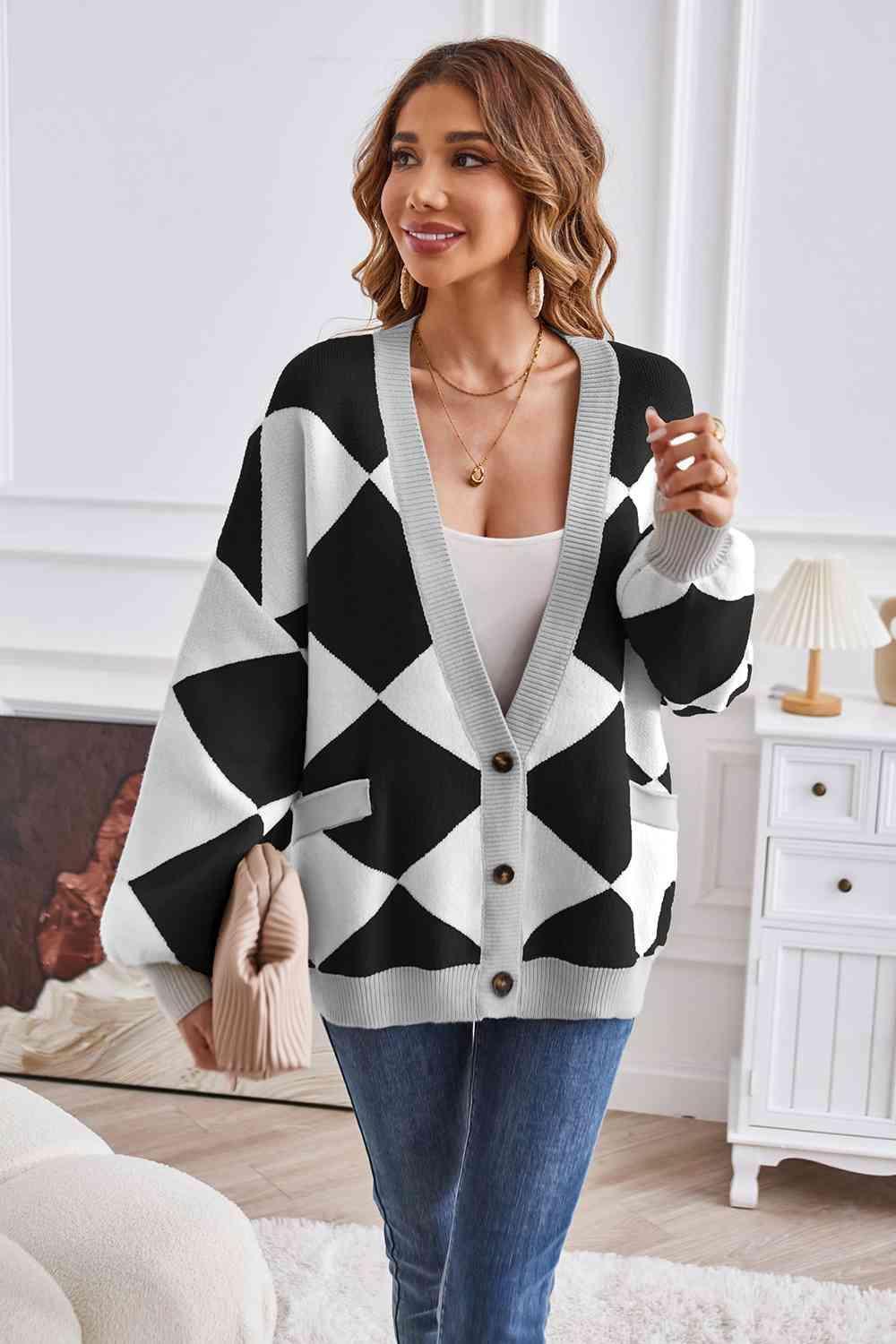 Impressively Warm Lantern Sleeve Geometric Cardigan - MXSTUDIO.COM