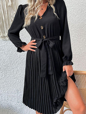 In Control Black Puff Sleeve Pleated Dress - MXSTUDIO.COM