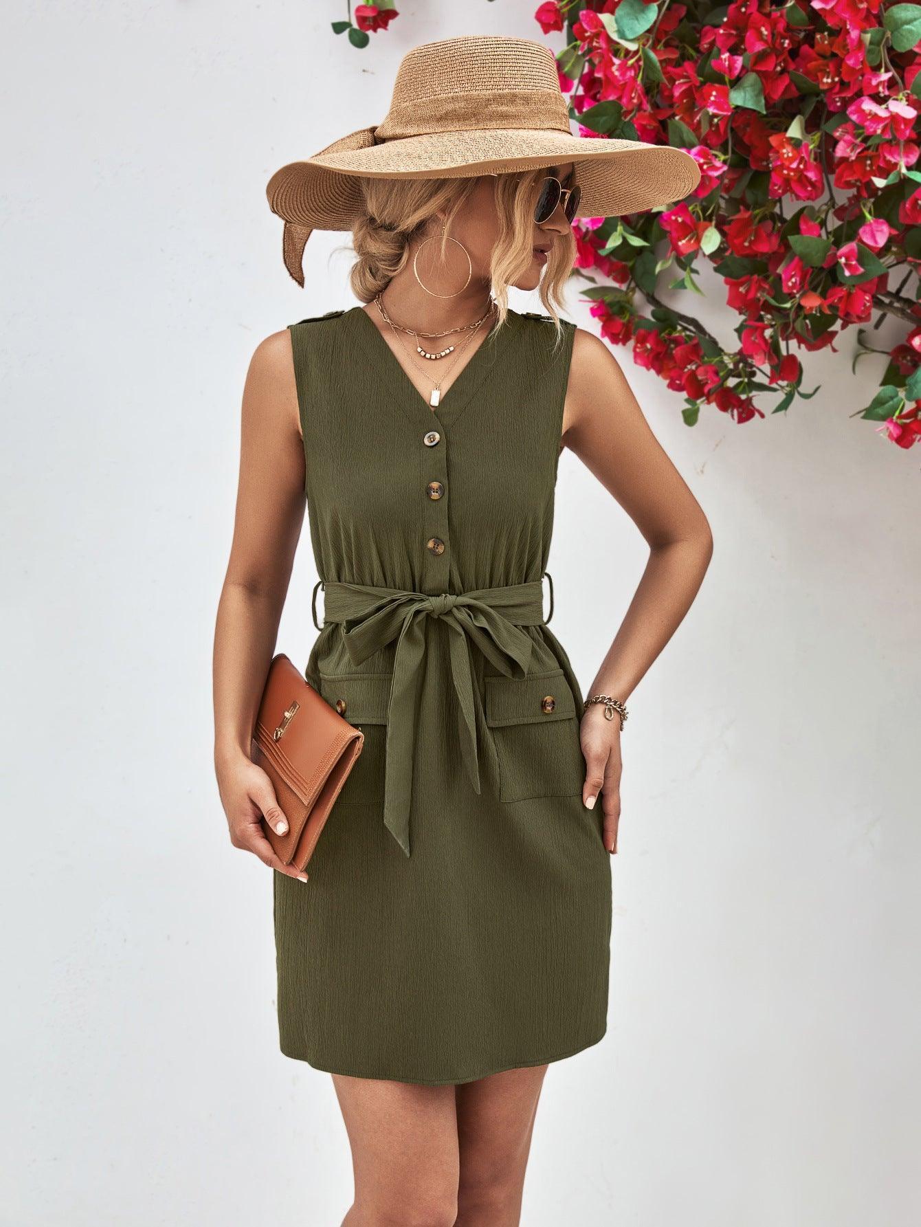 In Fashion Tie Belt Cap Sleeve Mini Dress - MXSTUDIO.COM