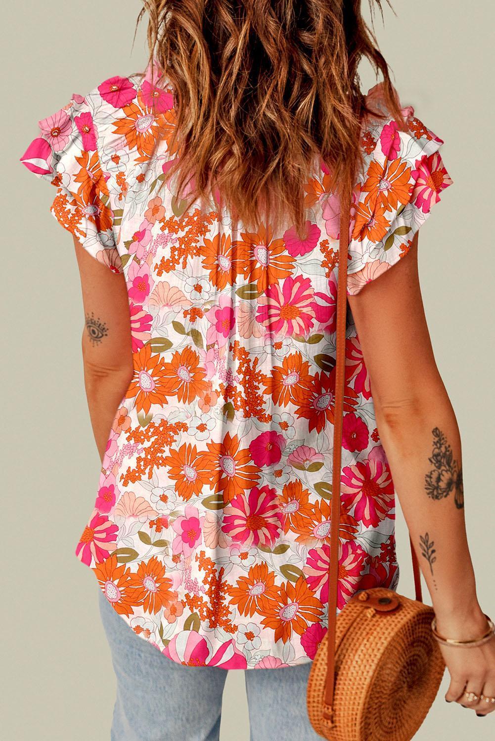 In Full Bloom Tie Neck Flutter Sleeve Floral Top - MXSTUDIO.COM