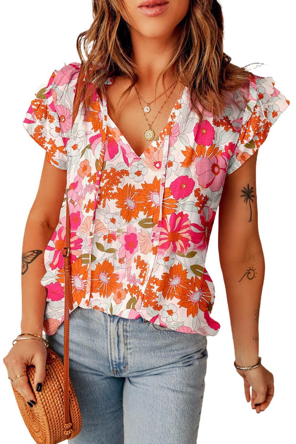 In Full Bloom Tie Neck Flutter Sleeve Floral Top - MXSTUDIO.COM