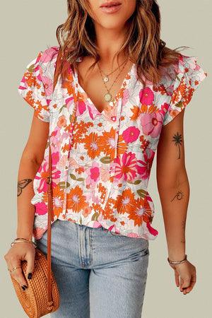 In Full Bloom Tie Neck Flutter Sleeve Floral Top - MXSTUDIO.COM