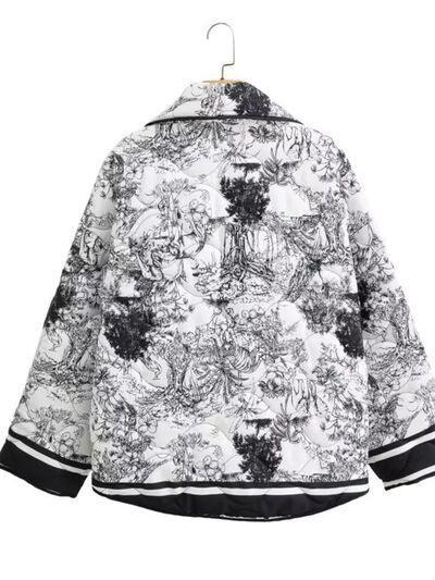 a white jacket with black and white drawings on it