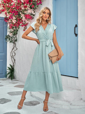 Incomparable Beauty Swiss Dot Tie Waist Midi Dress - MXSTUDIO.COM