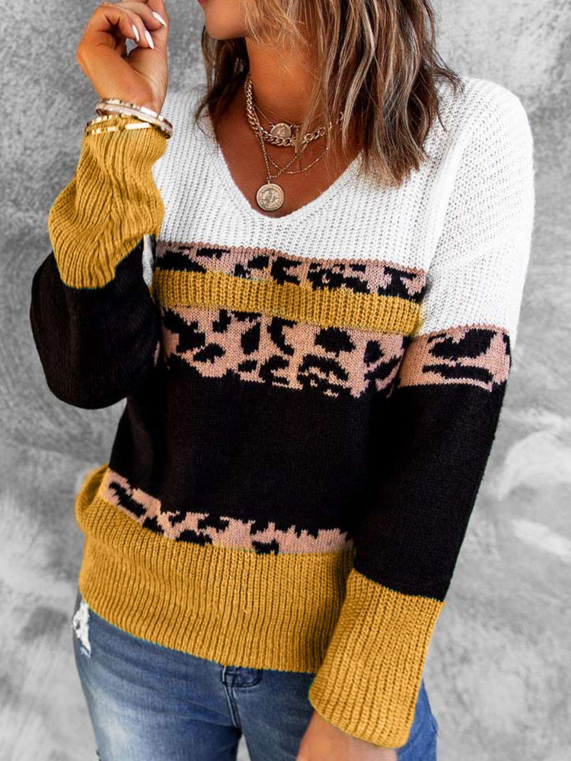 Incredible Rib-Knit Color Block V-Neck Sweater - MXSTUDIO.COM