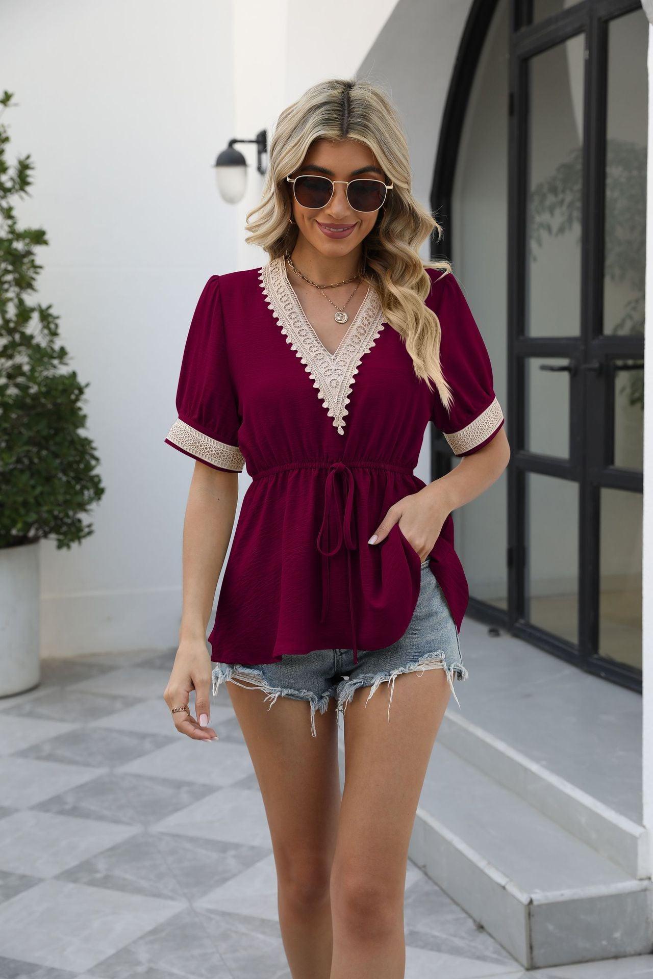 Incredible Tie Waist V Neck Baby Doll Top - MXSTUDIO.COM