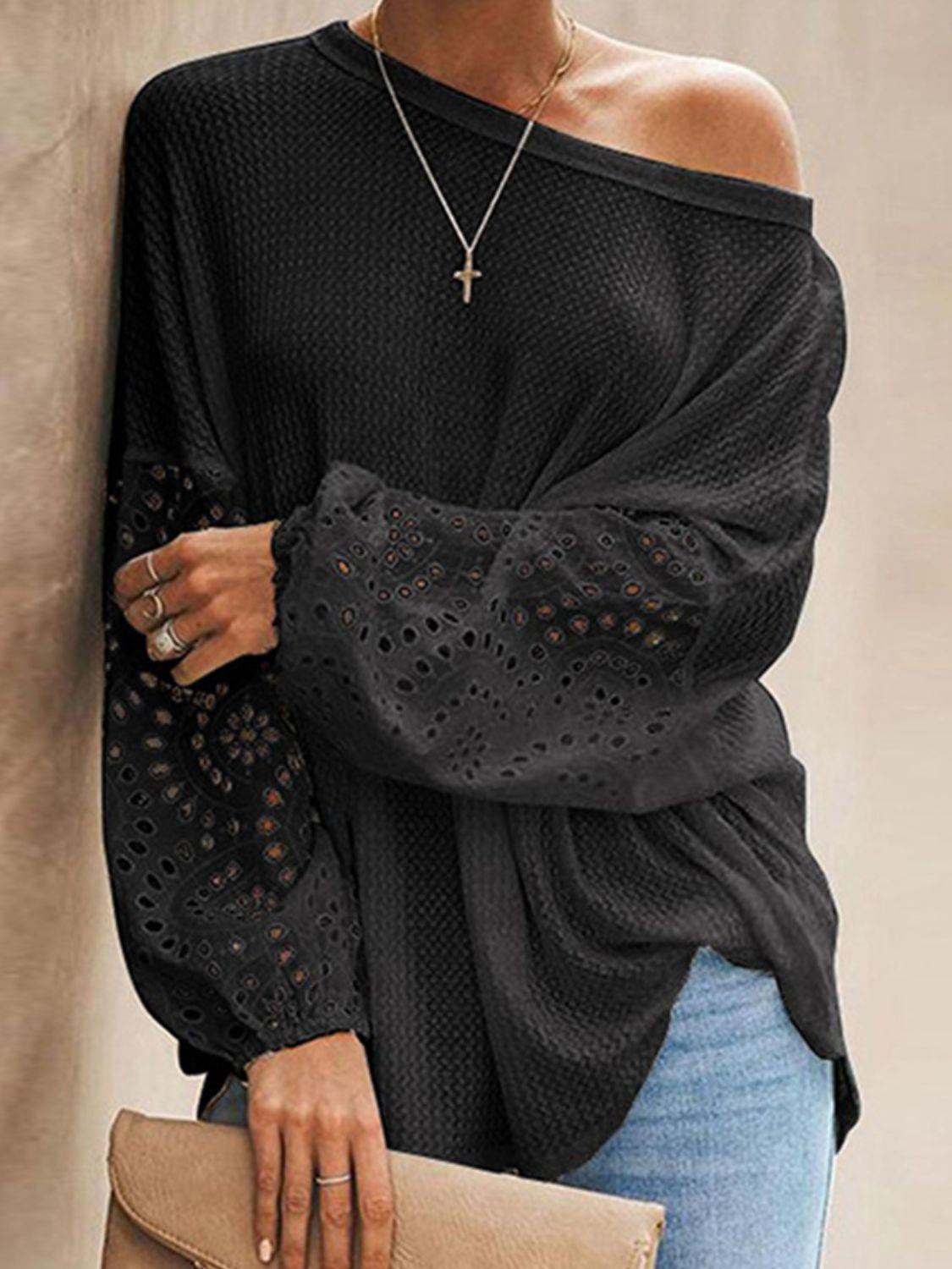 Incredibly Comfy Boat Neck Eyelet Long Sleeve Top - MXSTUDIO.COM