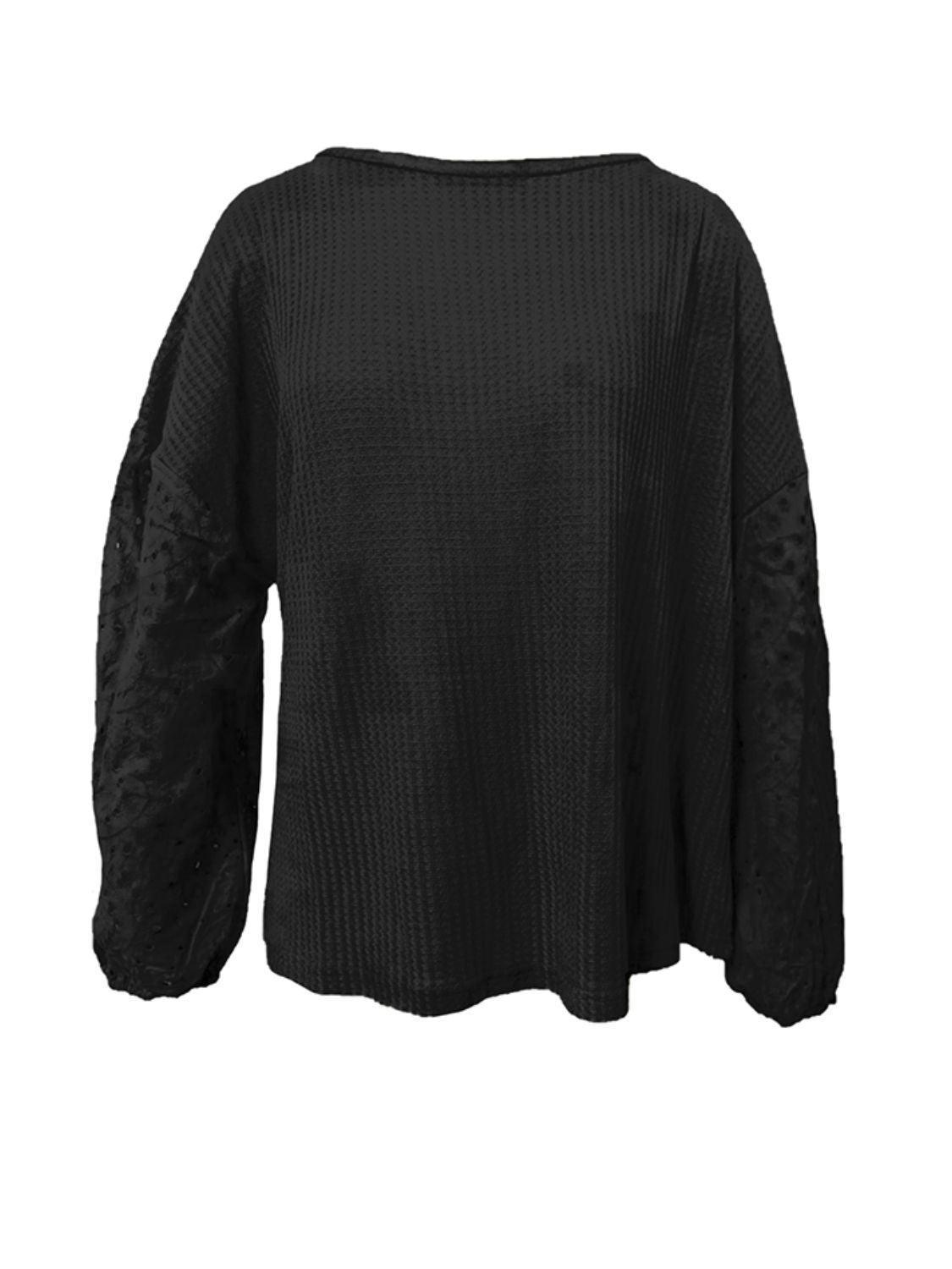 Incredibly Comfy Boat Neck Eyelet Long Sleeve Top - MXSTUDIO.COM