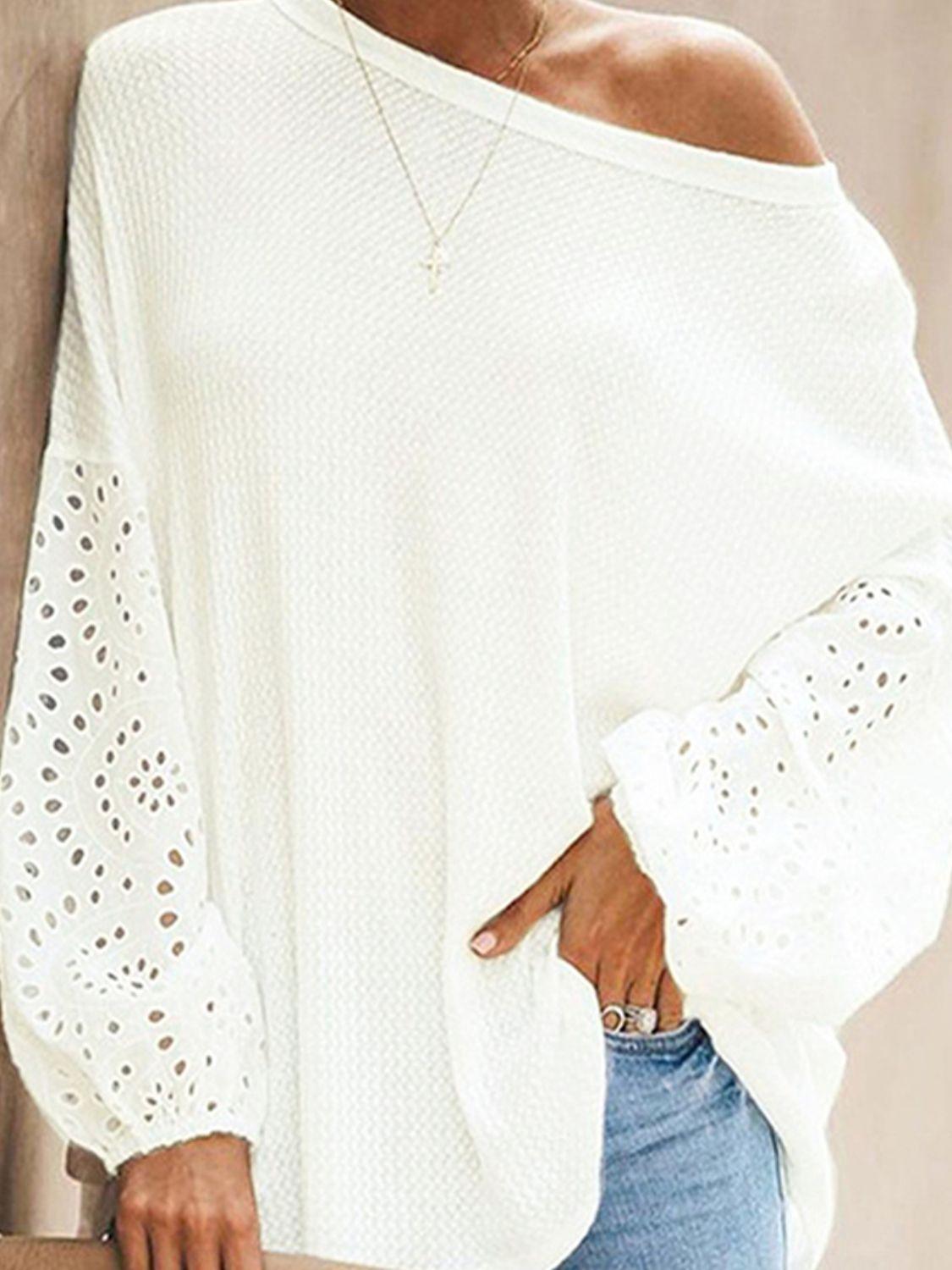 Incredibly Comfy Boat Neck Eyelet Long Sleeve Top - MXSTUDIO.COM