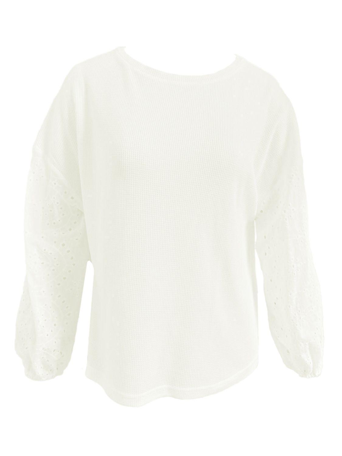 Incredibly Comfy Boat Neck Eyelet Long Sleeve Top - MXSTUDIO.COM