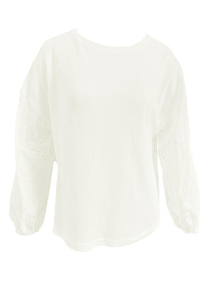 Incredibly Comfy Boat Neck Eyelet Long Sleeve Top - MXSTUDIO.COM