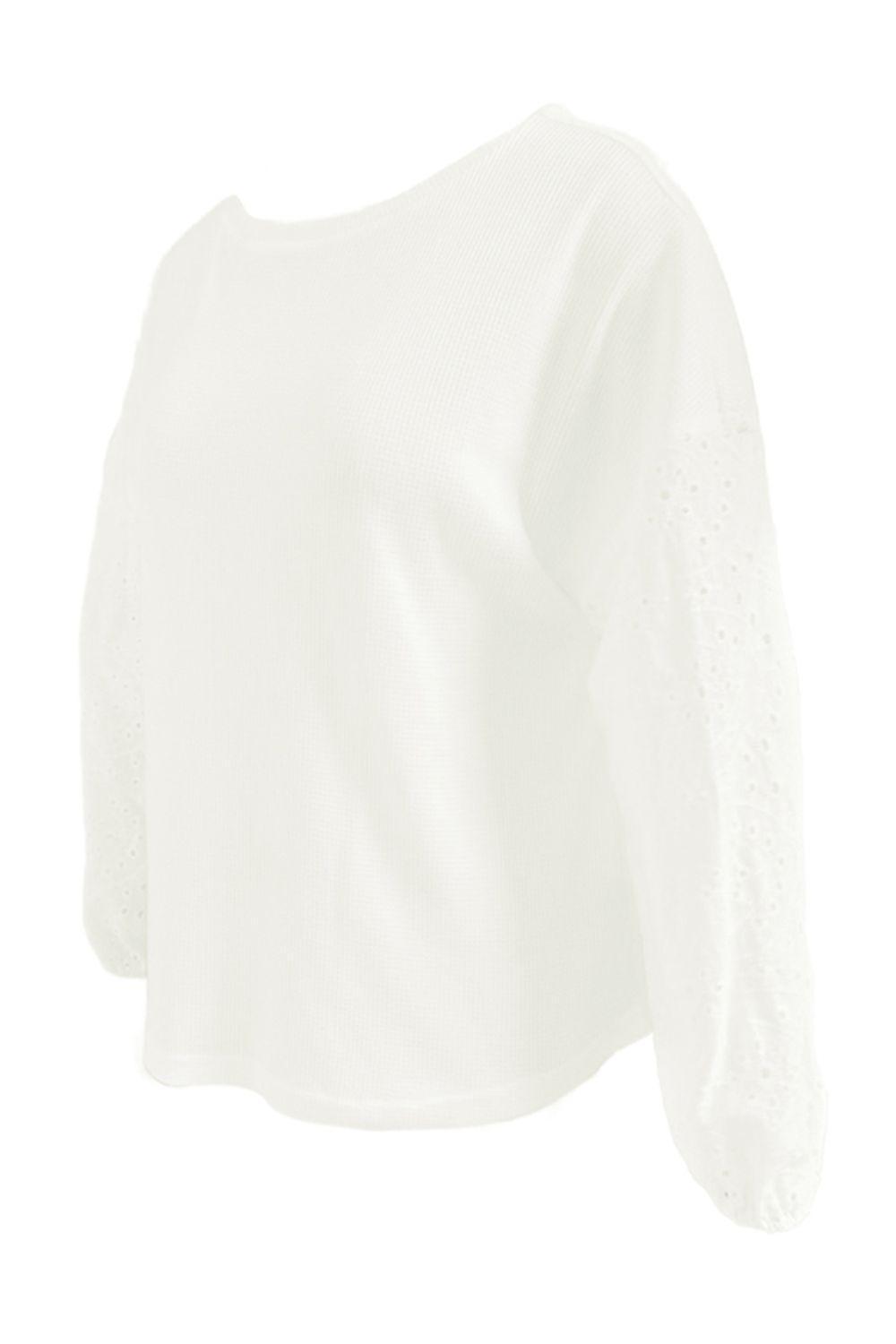 Incredibly Comfy Boat Neck Eyelet Long Sleeve Top - MXSTUDIO.COM