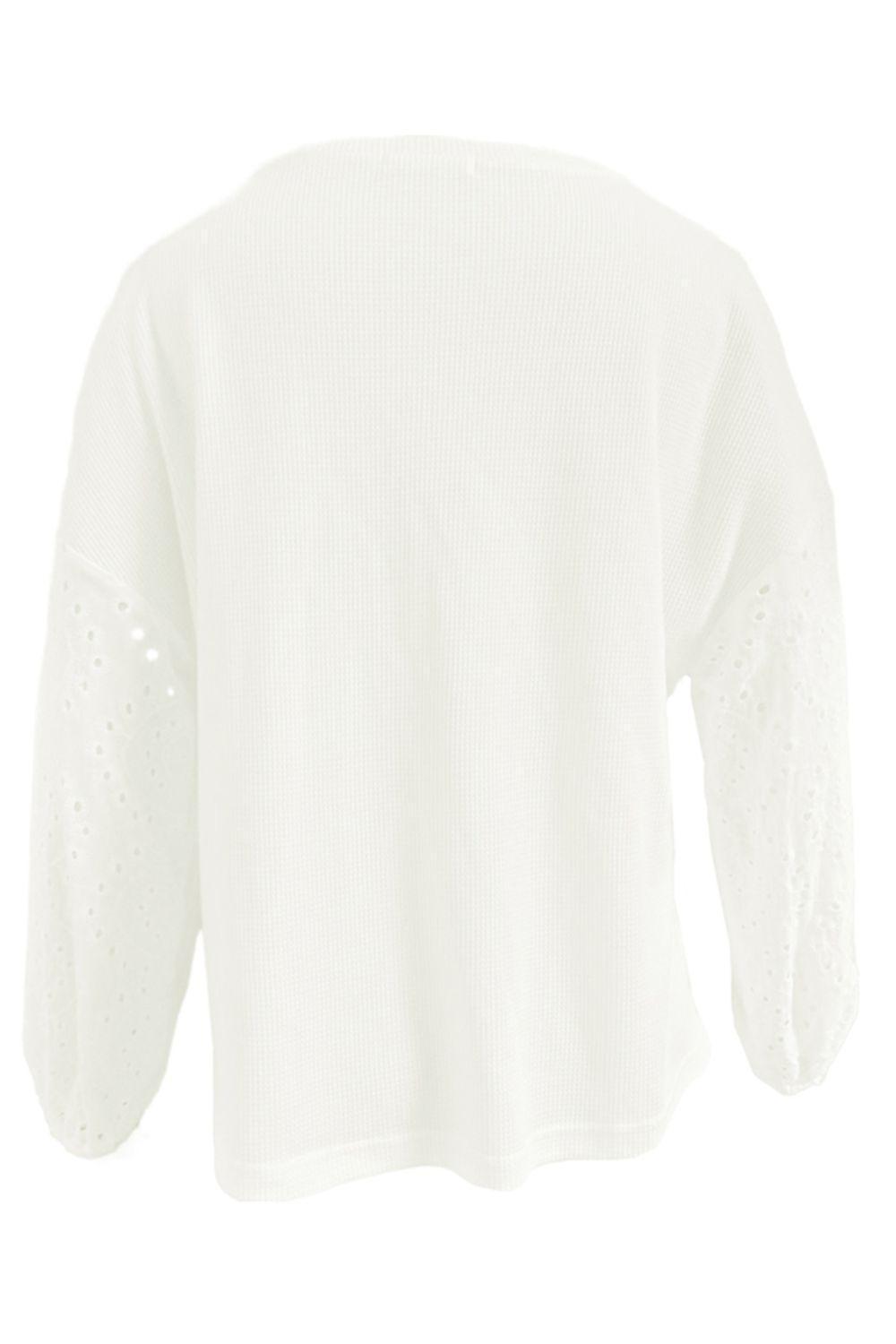 Incredibly Comfy Boat Neck Eyelet Long Sleeve Top - MXSTUDIO.COM