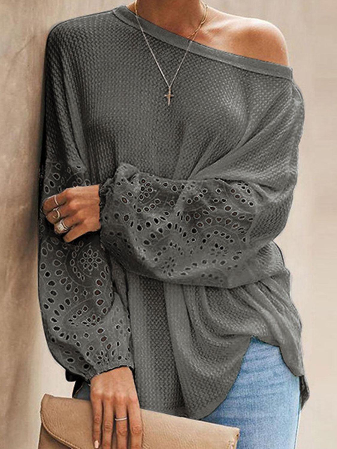 Incredibly Comfy Boat Neck Eyelet Long Sleeve Top - MXSTUDIO.COM