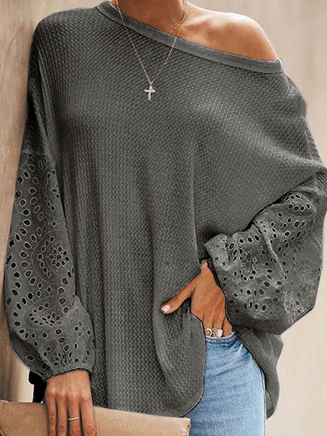 Incredibly Comfy Boat Neck Eyelet Long Sleeve Top - MXSTUDIO.COM