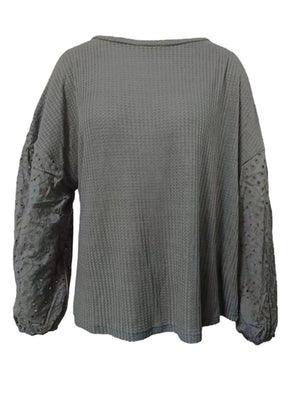 Incredibly Comfy Boat Neck Eyelet Long Sleeve Top - MXSTUDIO.COM