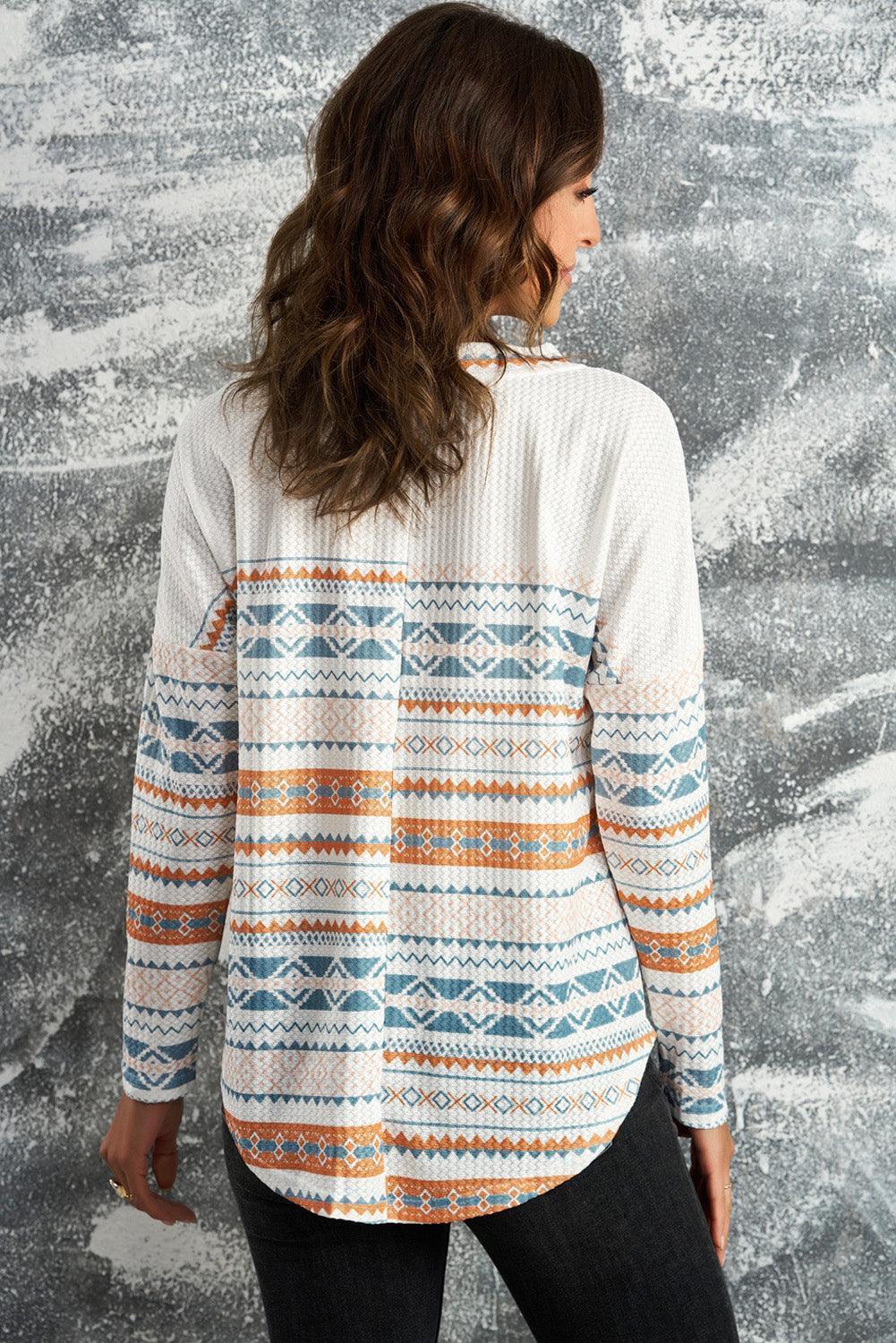 Incredibly Cozy Geometric V Neck Long Sleeve Top - MXSTUDIO.COM