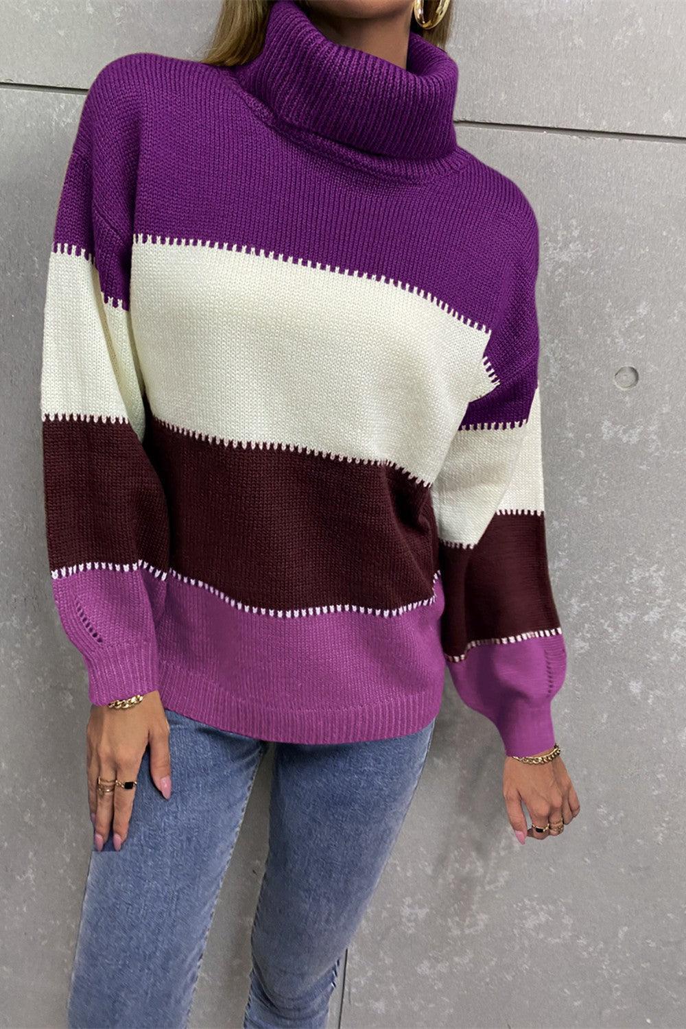 Inevitably Warm Color Block Turtleneck Sweater - MXSTUDIO.COM