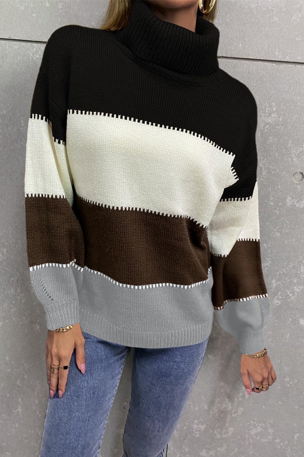 Inevitably Warm Color Block Turtleneck Sweater - MXSTUDIO.COM