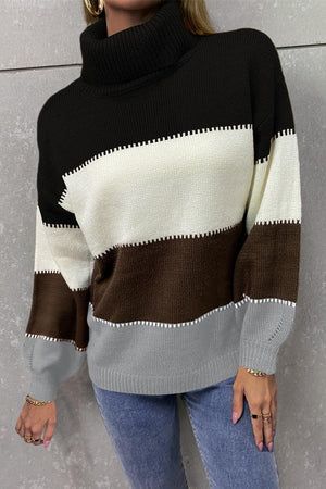 Inevitably Warm Color Block Turtleneck Sweater - MXSTUDIO.COM